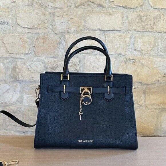 MICHAEL KORS Hamilton Medium Satchel Leather Bag Black gold +wallet set NWT - Picture 5 of 15